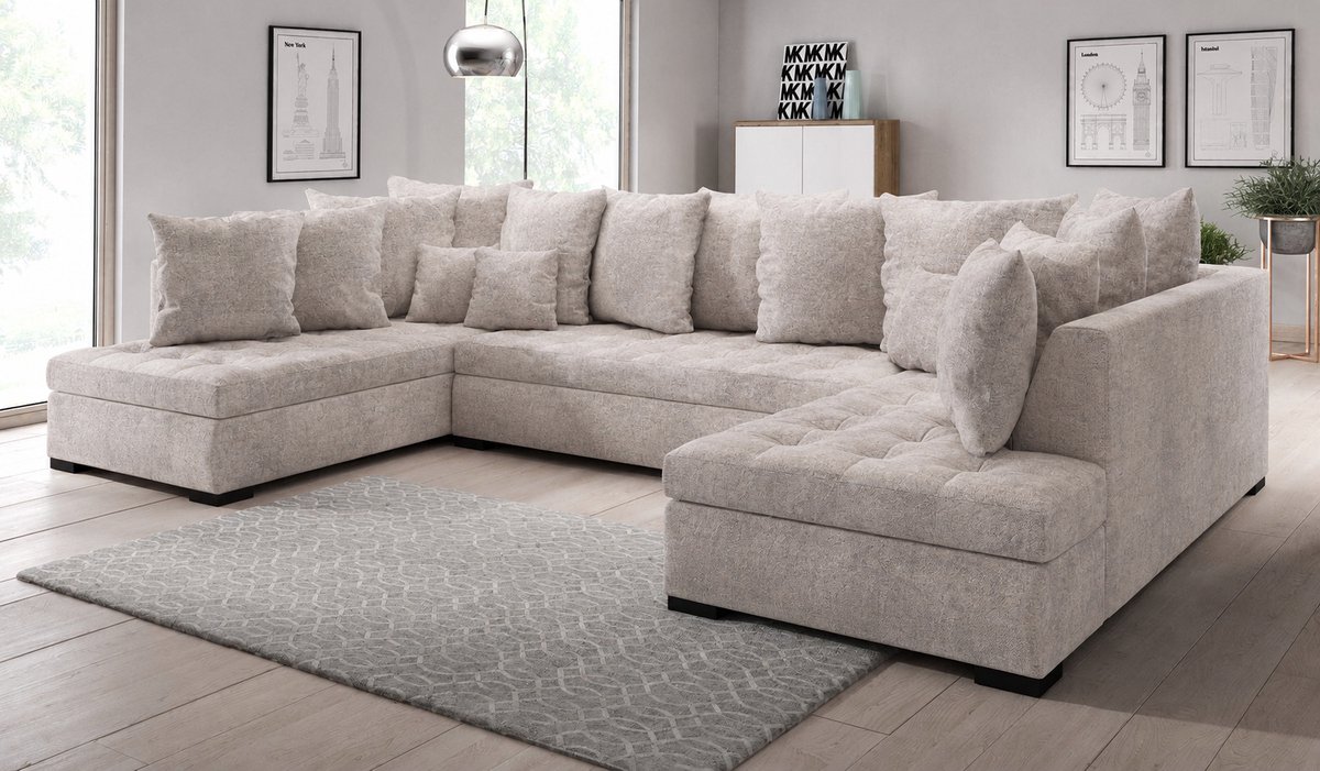 Hoekbank Lisa U Beige - Hoeksalon wooneiland Xl inclusief alle Kussens - Landelijk knus hoekzetel
