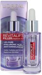 L'Oréal Paris Revitalift Filler serum met 1,5% hyaluronzuur in een paarse glazen fles met druppelaar. De verpakking is paars met zilver.