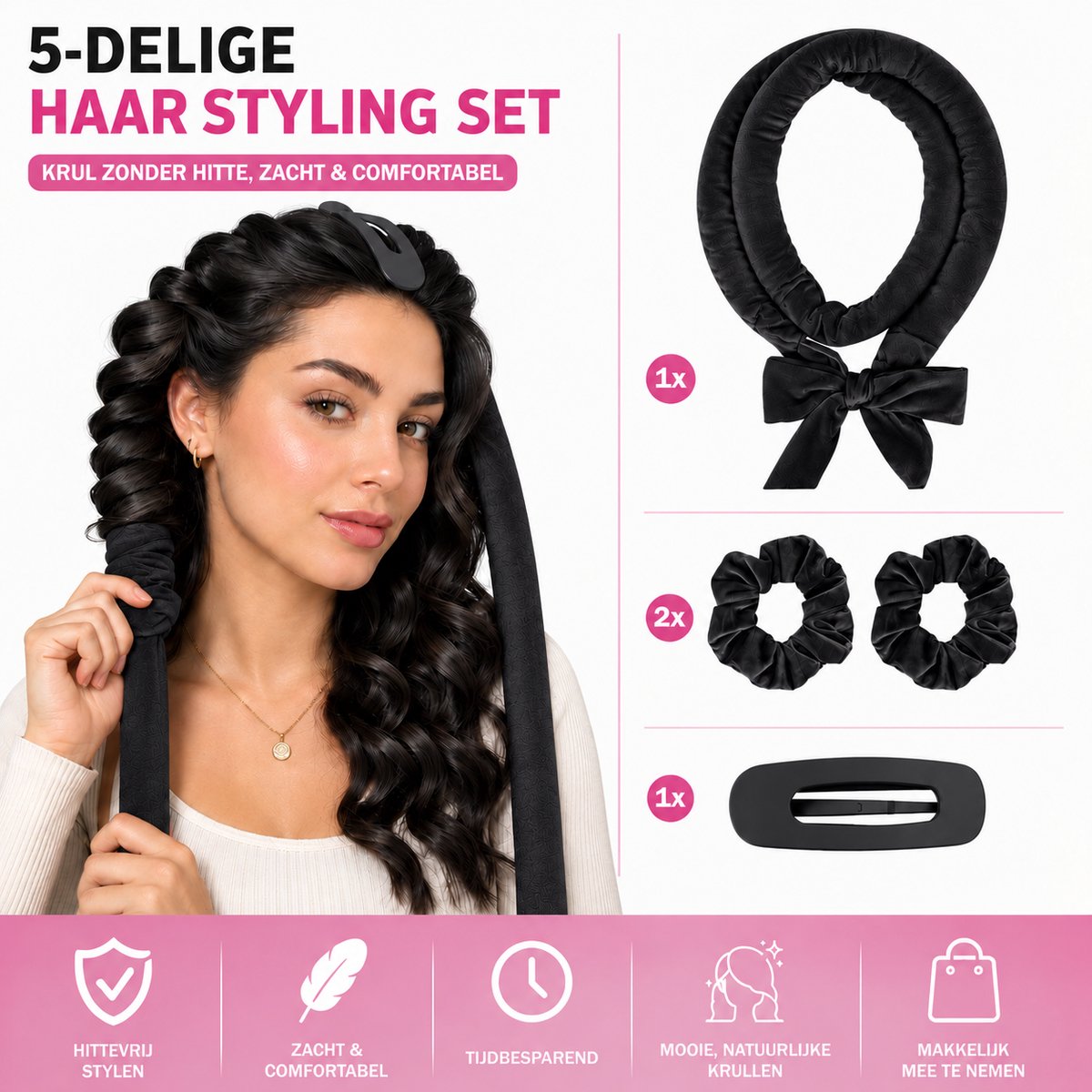 Lumière couture ® - Heatless curls - hittevrije haarkrullers - Haar styling - zonder hitte - Krullen - haar krullers - overnight - Zwart
