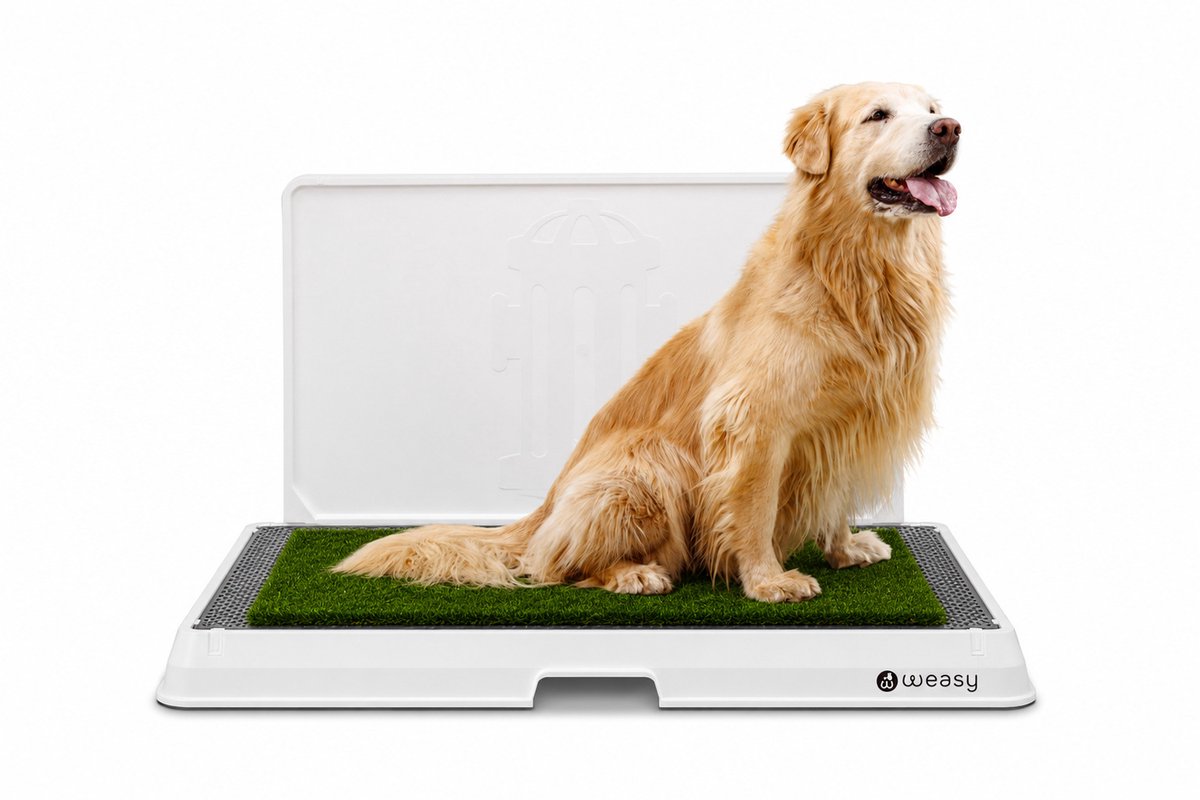 Weasy – Slim potje voor honden – Met beenhefwand - Wit en grijs – Groot – Met Weasy Bag en synthetische grasmat