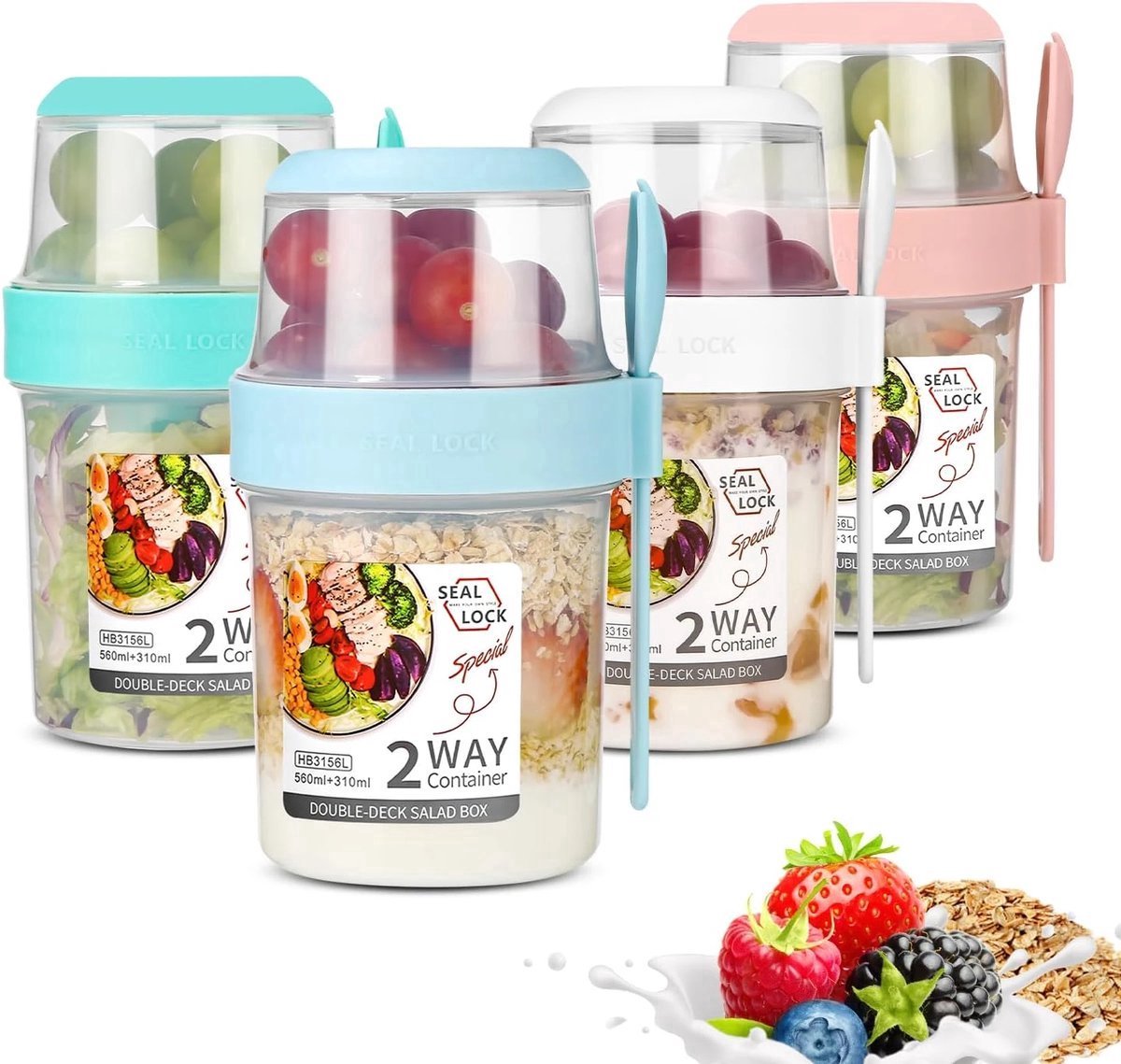 4-in-1 Yoghurtbeker To Go - Draagbare Ontbijtkom met Lepel - Overnight Oats Pot - Herbruikbare Yoghurt & Muesli Beker - Plastic Ontbijtkommen (Groen + Blauw + Wit + Roze)