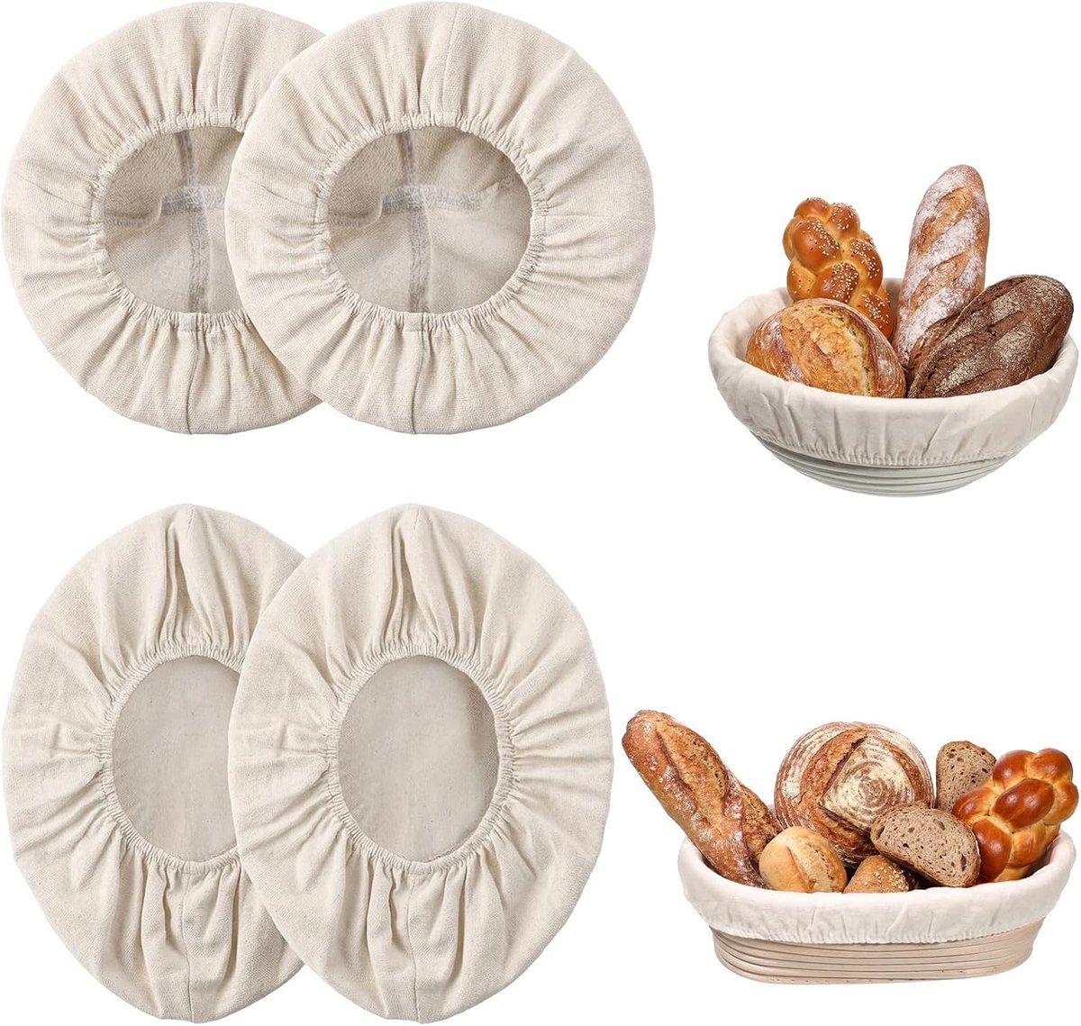 Herbruikbare Banneton Liner Covers voor Brood- en Rijstkommen - 4 Stuks, 10 Inch, Natuurlijke Rietstof, Ideaal voor Zuurdesem en Thuisbakken, Rond en Ovaal