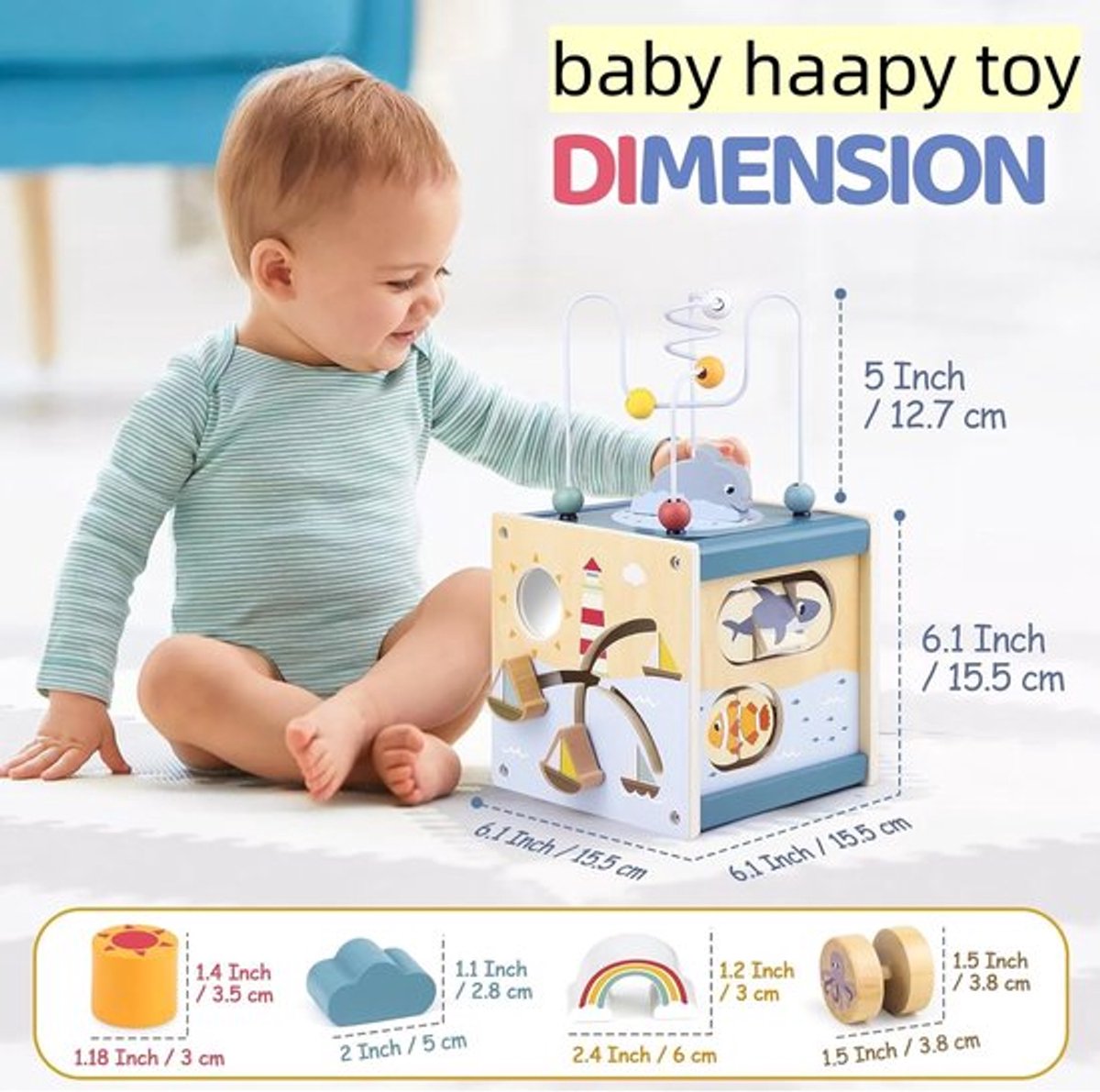Montessori Houten Activiteitenkubus (Thema Zee) – Educatief Speelgoed voor Baby’s en Peuters vanaf 1 Jaar, met Kralenbaan, Vormenstopper, Spiegel en Puzzel, ter Stimulering van Motoriek en Zintuiglijke Ontwikkeling — cadeau in Spellen & Speelgoed - foto 8