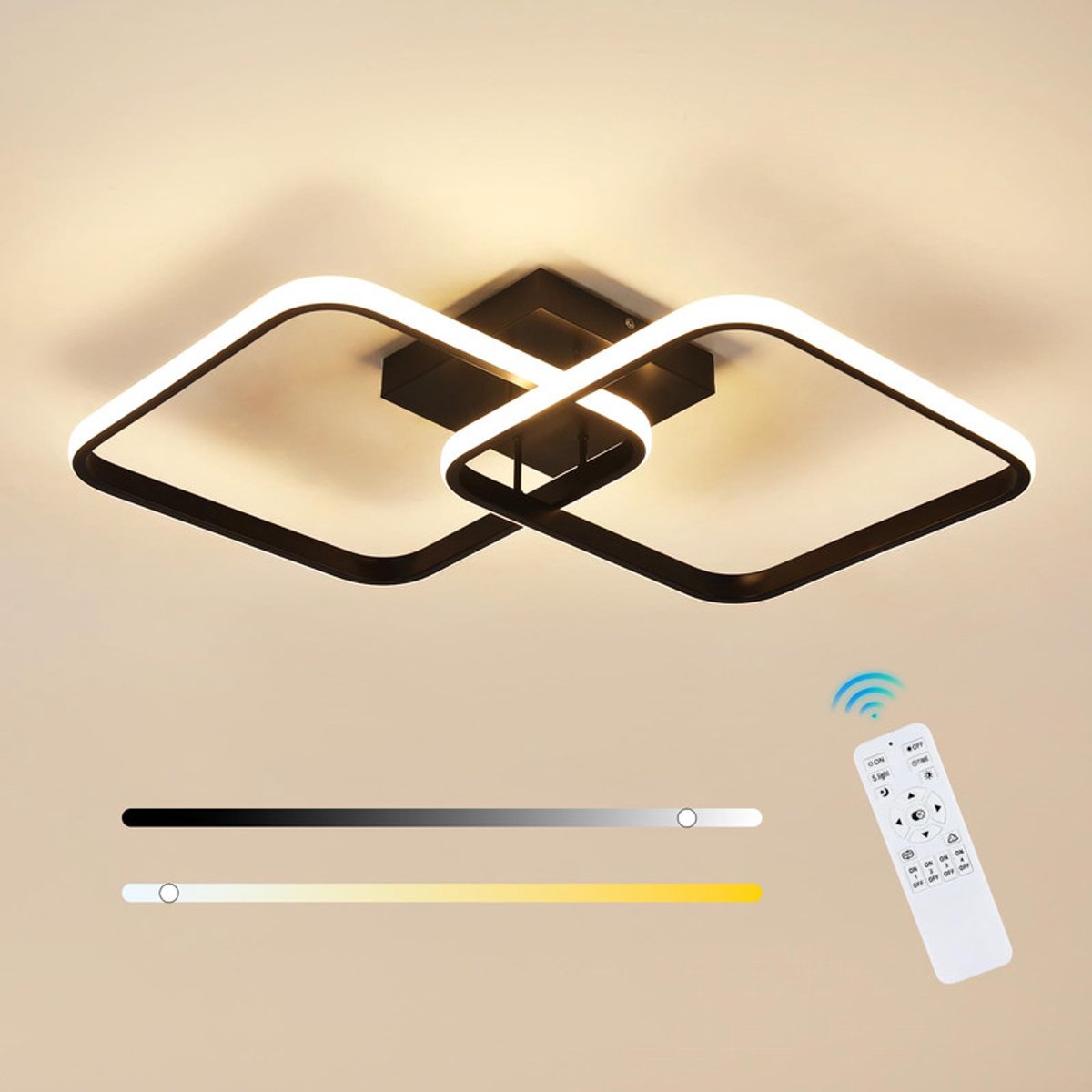 Riserva Moderne Plafondlamp, 50W Dimbaar LED Plafondverlichting 3000‑6500K, Kruisvormige Vierkante Zwarte Lamp van Aluminium, IJzer en Silicone, Afstandsbediening & APP‑besturing, voor Woonkamer, Slaapkamer, Eetkamer