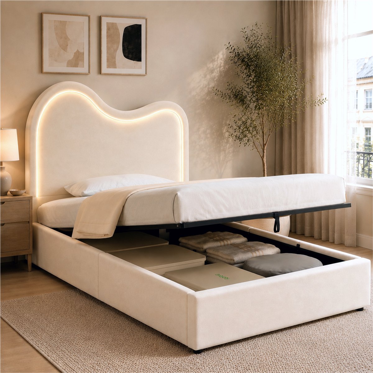 KOMHTOM Gestoffeerd bed, eenpersoonsbed, kinderbed 90 x 200 cm, hydraulisch functioneel bed, bed met lattenbodem, hoofdeinde en ruime opbergruimte, gestoffeerd hoofdeinde, fluweel, beige
