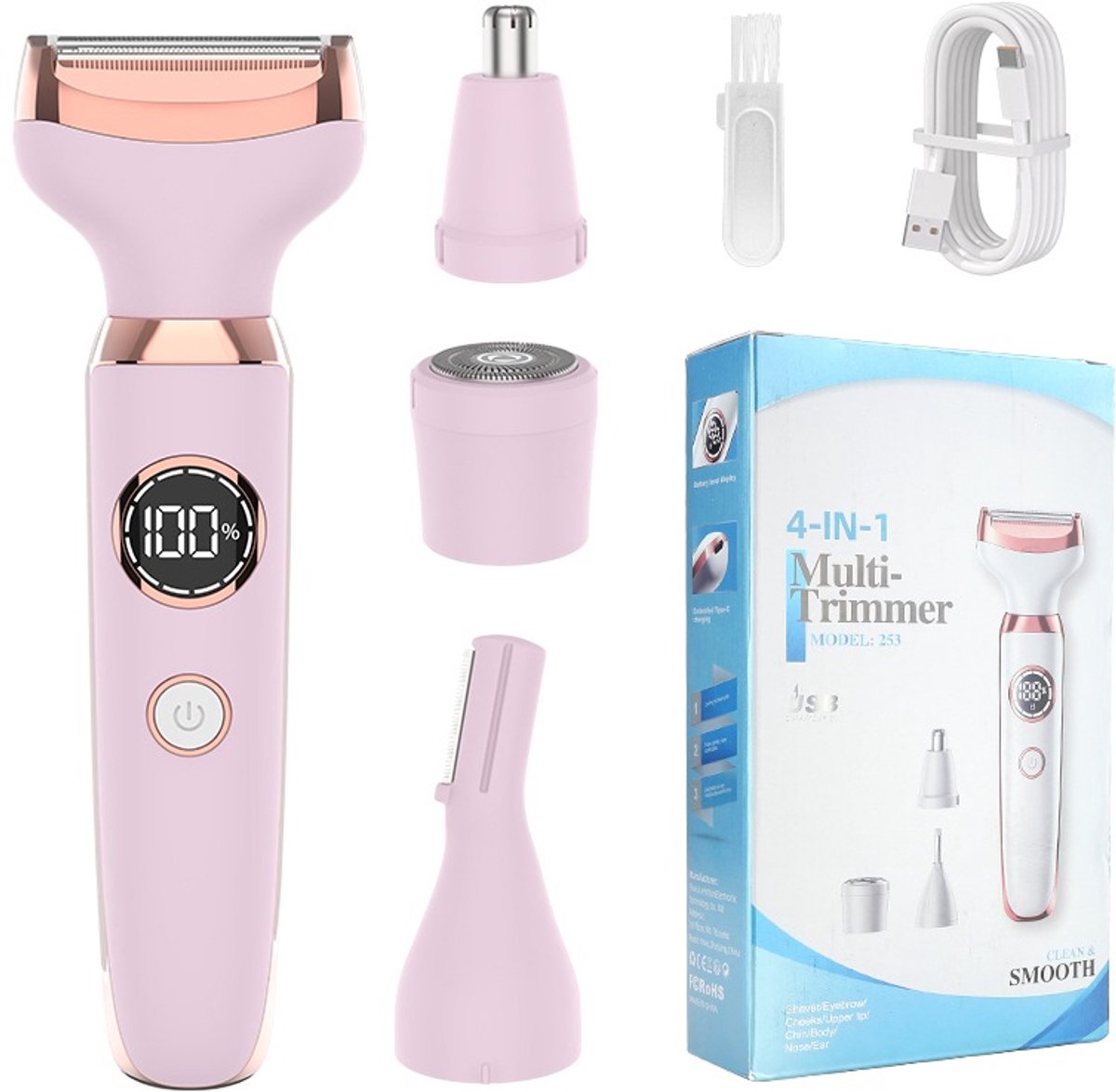 4-in-1 Elektrische dames scheerset - Pijnloze ontharing voor gezicht, lichaam, neus & wenkbrauwen