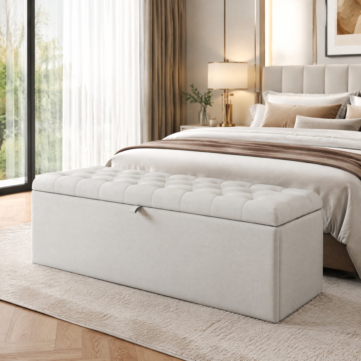 REDOM - Bedbank met opbergruimte - Gecapitonneerde zitting - Linnen bekleding - Moderne stijl - Slaapkamer - Linnen - Lichtgrijs - 141 x 41,5 x 42 cm