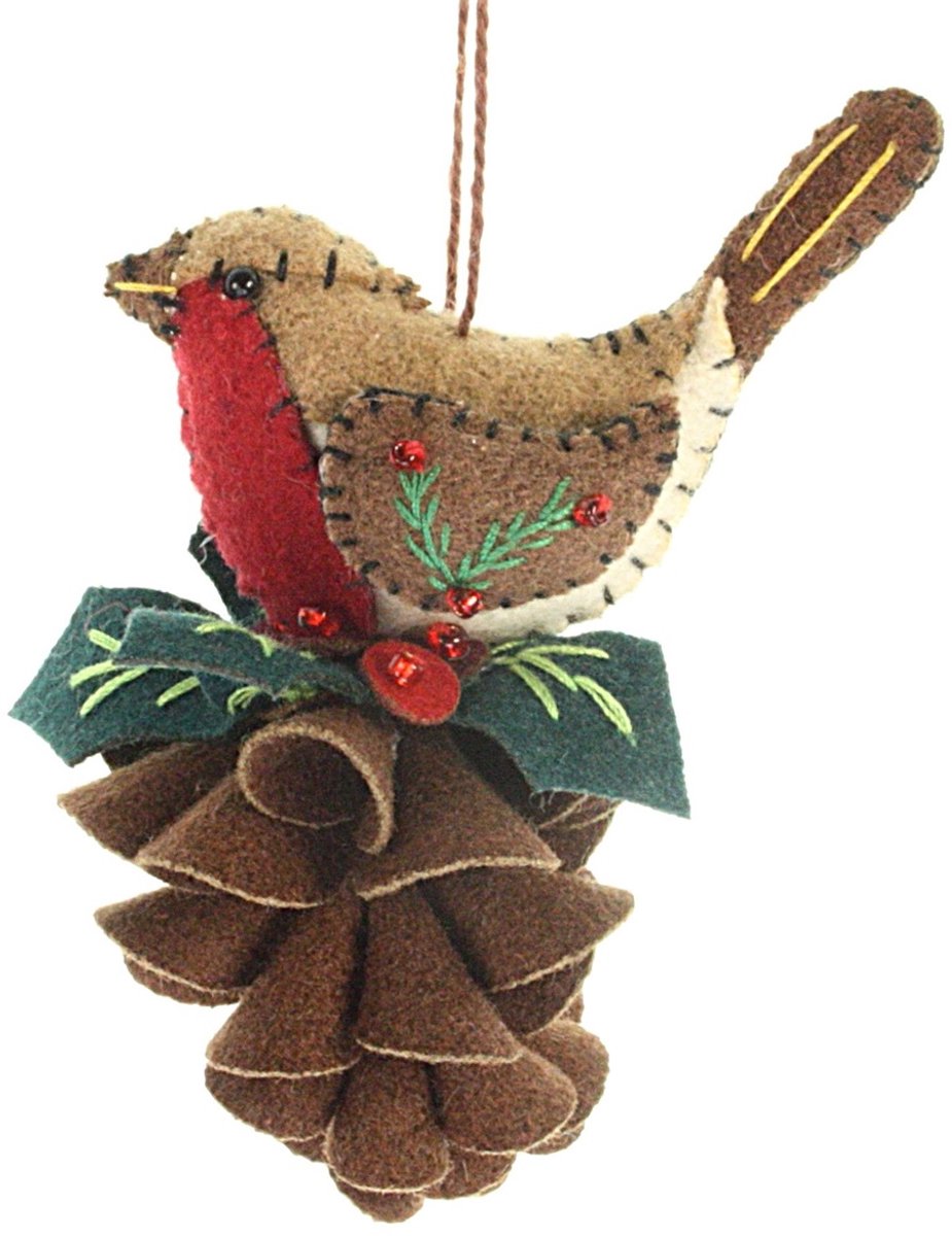 Roodborstje op pijnappel, vilt 7x4,5x8,5cm