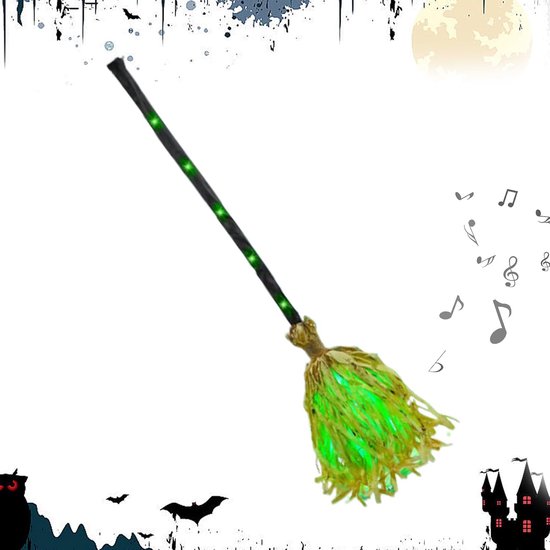 Heksenbezem met groene LED-verlichting, beige strooisel, zwarte steel. Geïsoleerd op witte achtergrond met Halloween-illustraties.