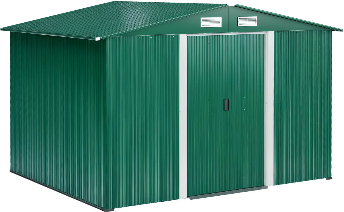 Metalen schuur 258x206x178 cm 5,3m² met schuifdeuren en ventilatie voor gereedschapsopslag Groen