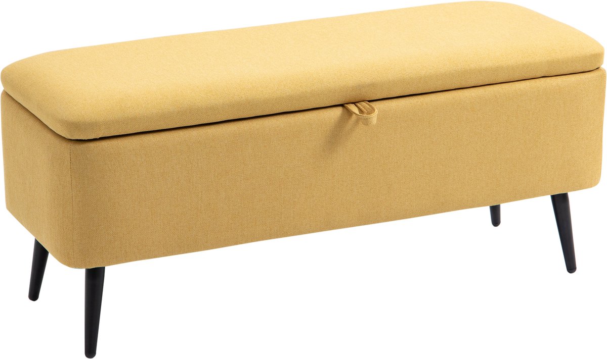 Opbergbank met opklapbaar blad en stalen poten voor slaapkamer, woonkamer of hal, 101x38,5x44,5 cm, geel