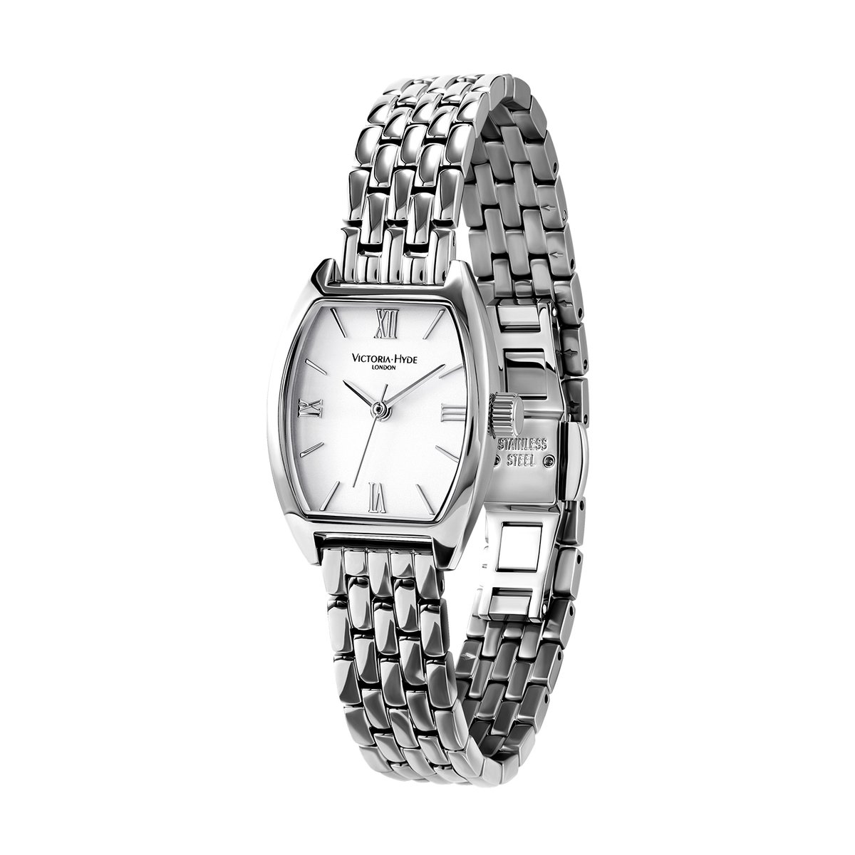 Victoria Hyde "Barrel"- Dames Horloge - Mineraalglas - Schakelband - Witte duidelijke wijzerplaat - Quartz – 3 ATM - RVS - 23mm - past bijna elke pols - Cadeau Voor Vrouw - Zilverkleurig