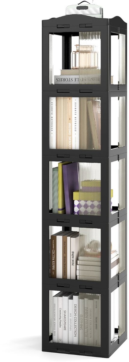 SureDeal® - Opbergrek - Draaibare Boekenkast 5-laags - Transparante Panelen - Draaibare Voet - 36,5x36x174 cm - Zwart