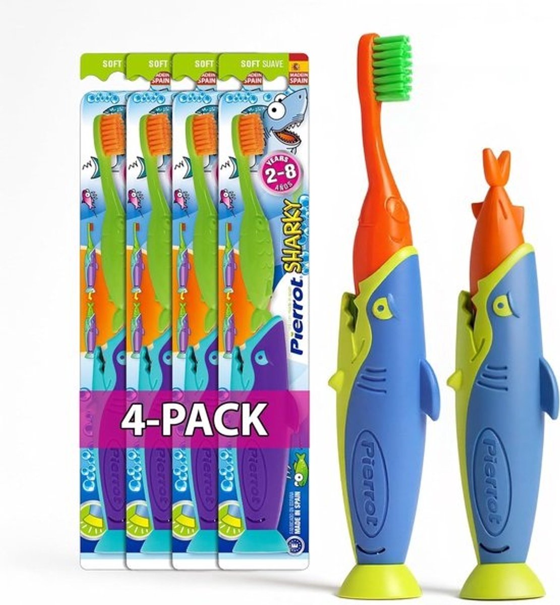 Kindertandenborstel 4-pack met zachte haren, zuignap en beschermkap | Voor peuters 2-8 jaar