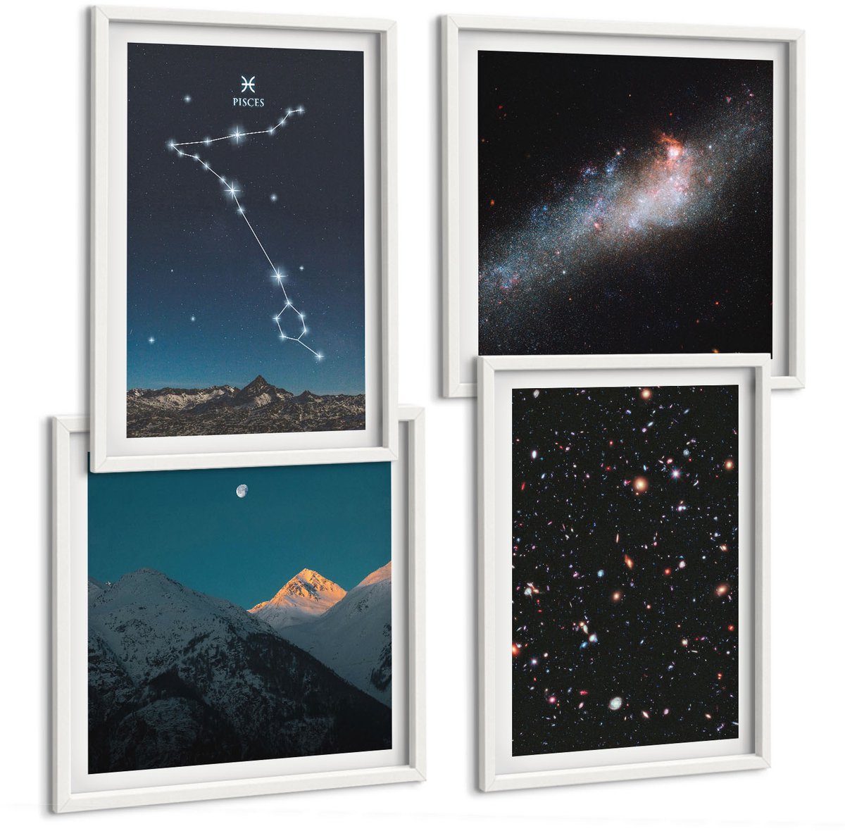 Wallfluent 4-Delige Schilderij Set - Ruimtelandschappen Met Het Sterrenbeeld Vissen En Bergen - 40 x 40 En 40 x 60 - Muurdecoratie - Interieur Decoratie