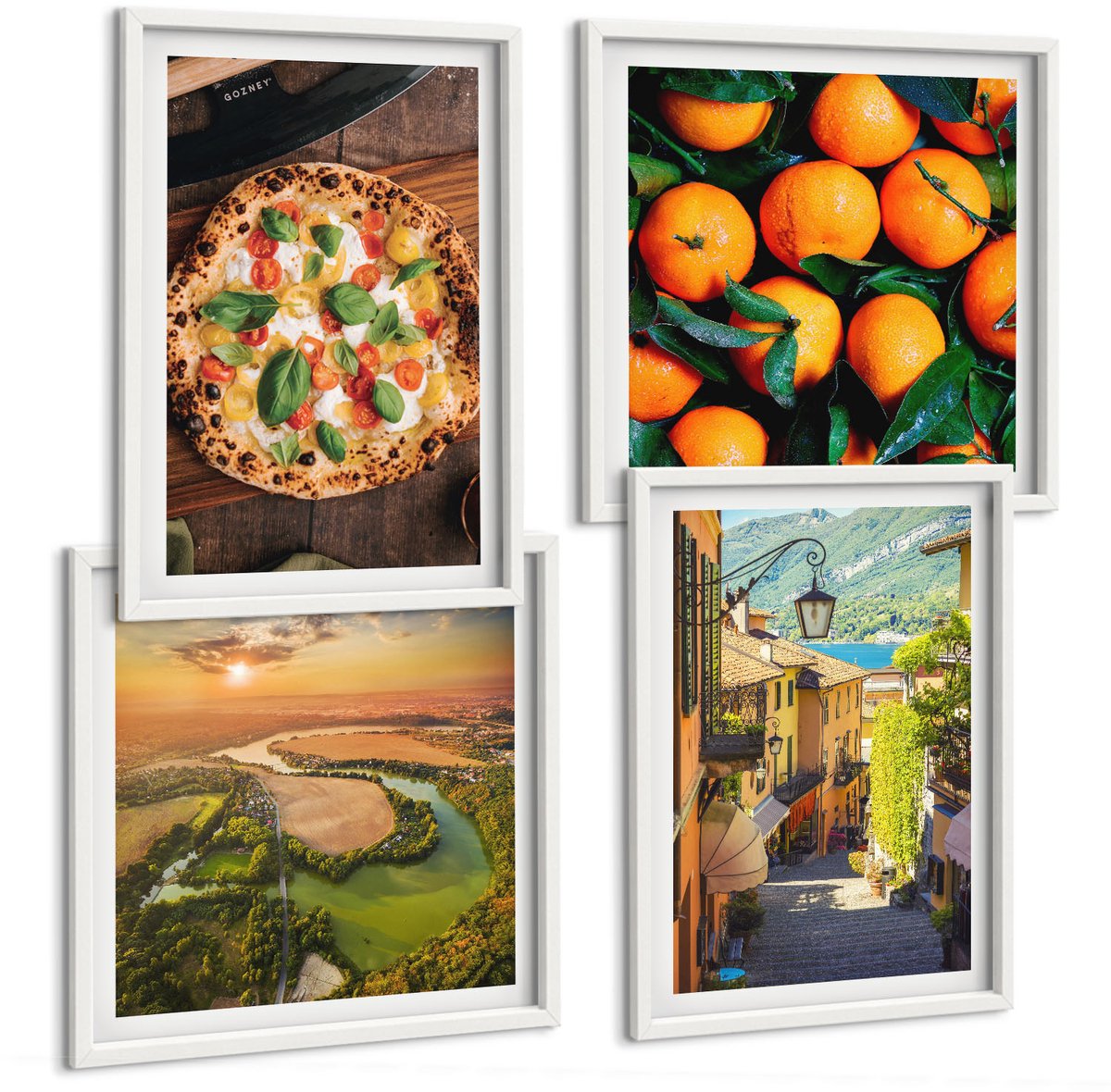 Wallfluent 4-Delige Schilderij Set - Italiaanse Landschappen Met Een Rivier, Heuvels En Een Stadsstraat - 40 x 40 En 40 x 60 - Wanddecoratie - Woonkamer Decoratie - Stijlvolle Muurdecoratie
