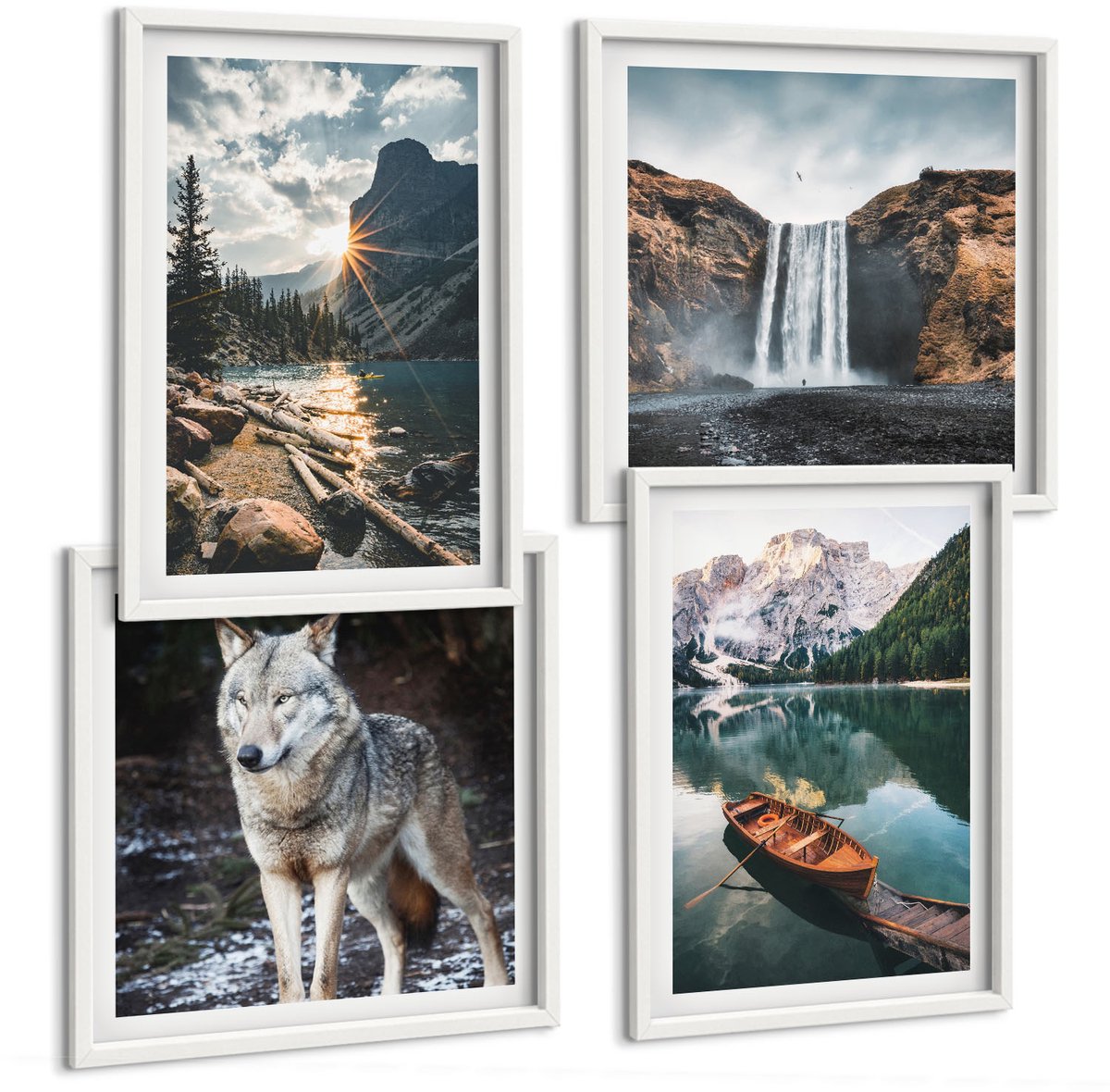 Wallfluent 4-Delige Schilderij Set - Bergen, Meren, Watervallen En Wolven In Een Natuurlijke Omgeving. - 40 x 40 En 40 x 60 - Stijlvolle Muurdecoratie - Kantoor - Decoratieve Schilderijen