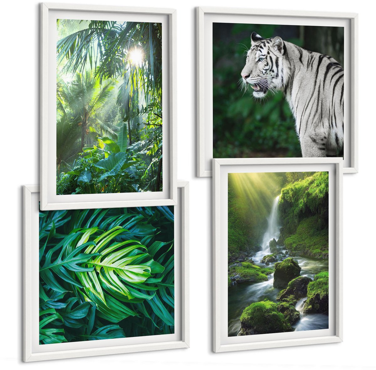 Wallfluent 4-Delige Schilderij Set - Jungle Met Een Witte Tijger En Een Wilde Waterval - 40 x 40 En 40 x 60 - Wanddecoratie - Muurdecoratie - Moderne Interieurdecoratie - Woonkamer Decoratie