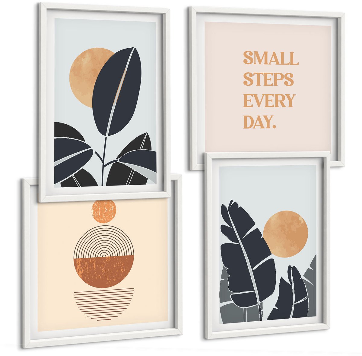 Wallfluent 4-Delige Schilderij Set - Plantenpatronen Met Grote Zonnen In Minimalistische Stijl - 40 x 40 En 40 x 60 - Stijlvolle Wanddecoratie - Interieur - Stijlvolle Muurdecoratie