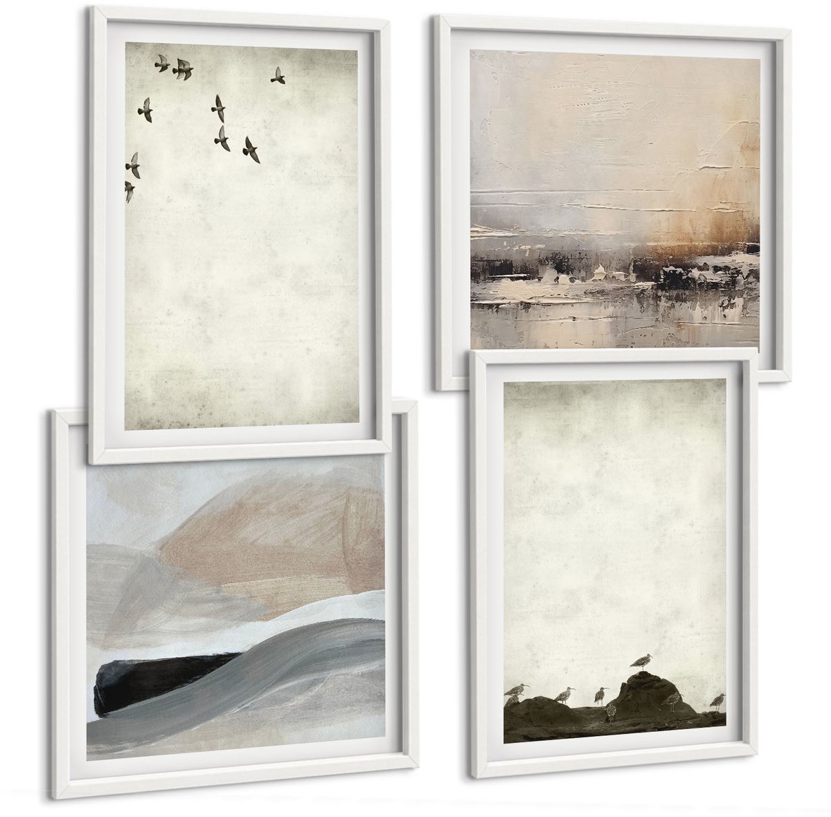 Wallfluent 4-Delige Schilderij Set - Vogels, Rotsen En Penseelstreken: Minimalistische Decoraties - 40 x 40 En 40 x 60 - Stijlvolle Wanddecoratie - Interieur - Decoratieve Schilderijen