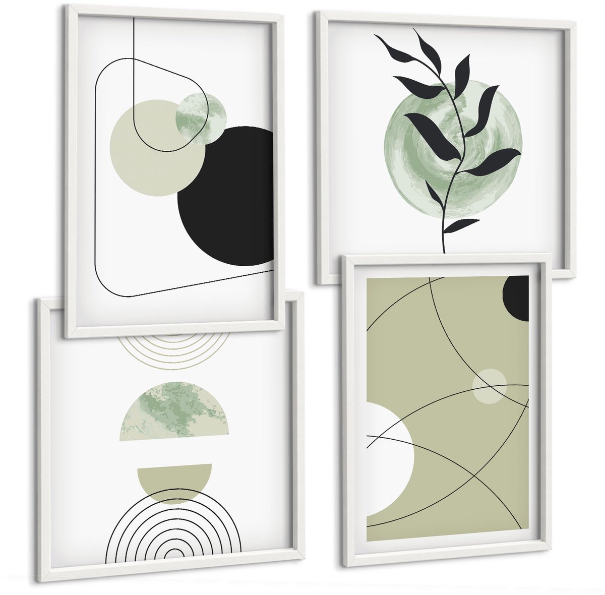 Wallfluent 4-Delige Schilderij Set - Abstracte Vormen In Ingetogen Kleuren - 40 x 40 En 40 x 60 - Moderne Wanddecoratie - Woonkamer - Interieur Decoratie