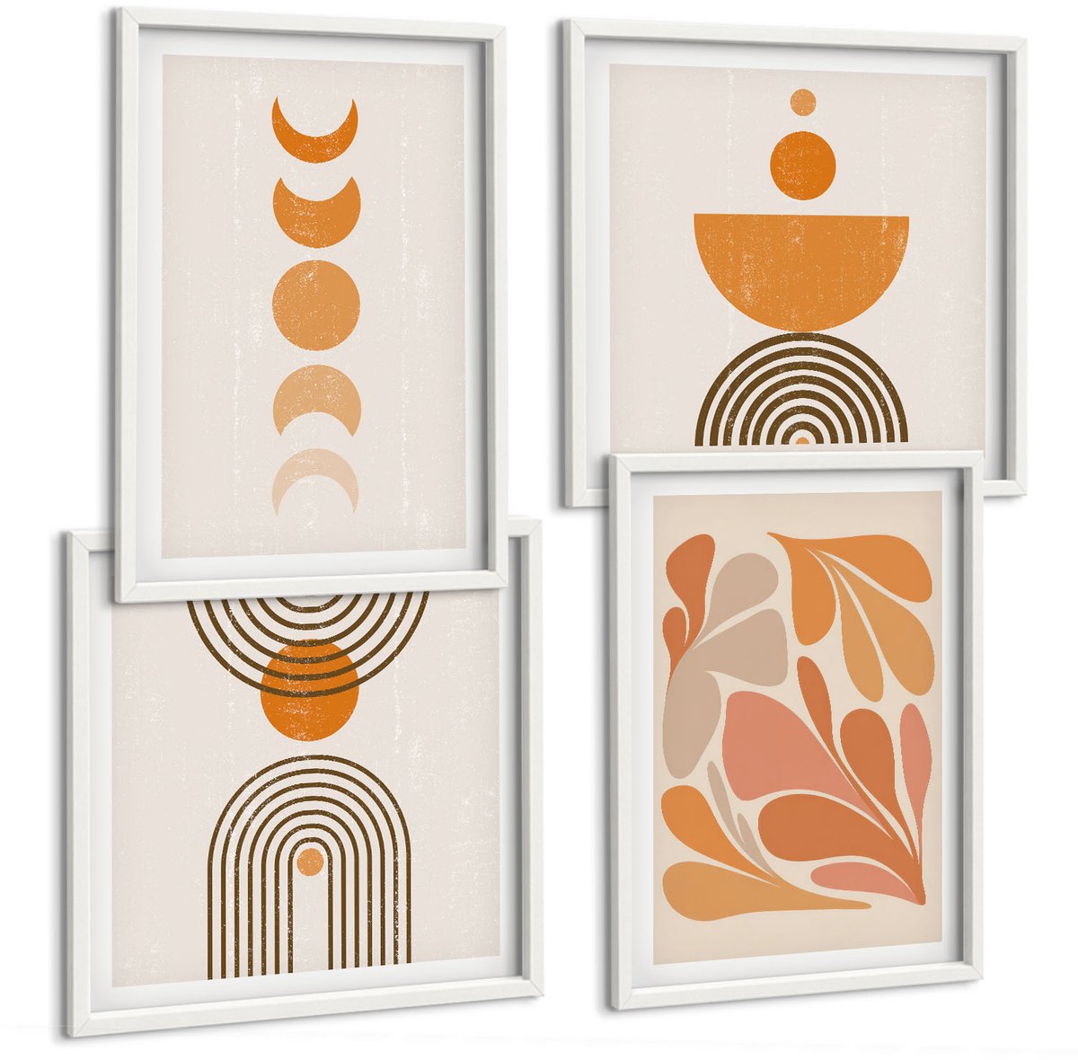 Wallfluent 4-Delige Schilderij Set - Abstracte Vormen In Oranje Tinten - 40 x 40 En 40 x 60 - Muurdecoratie - Decoratieve Schilderijen - Wohnzimmer