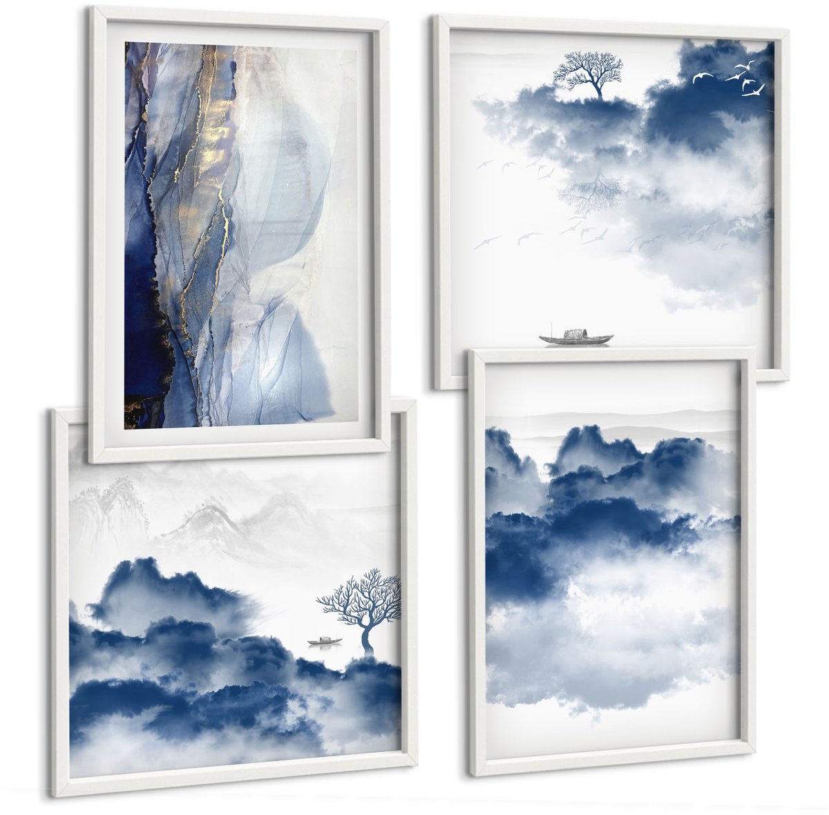 Wallfluent 4-Delige Schilderij Set - Wolkengebergte Met Bomen En Vogels Op De Achtergrond - 40 x 40 En 40 x 60 - Stijlvolle Wanddecoratie - Interieur - Woonkamer Decoratie