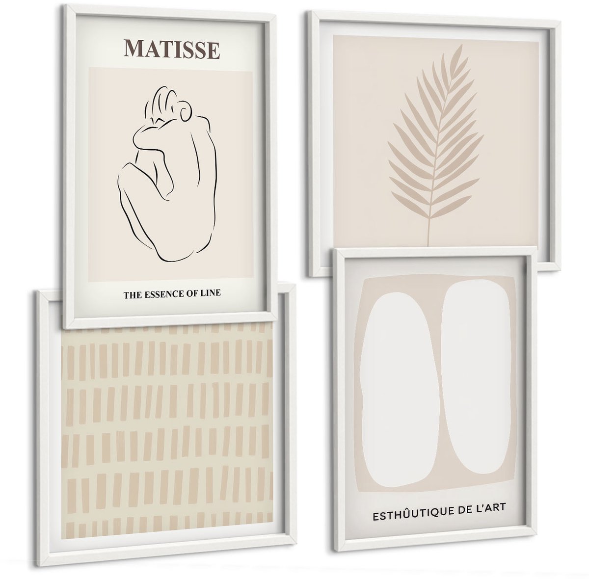 Wallfluent 4-Delige Schilderij Set - Lijnen En Vormen In Beige En Witte Tinten. - 40 x 40 En 40 x 60 - Muurdecoratie - Interieur Decoratie - Wanddecoratie