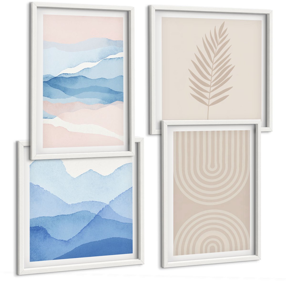 Wallfluent 4-Delige Schilderij Set - Bladeren En Golven In Beige En Blauwe Tinten. - 40 x 40 En 40 x 60 - Decoratieve Schilderijen - Woonkamer - Interieur
