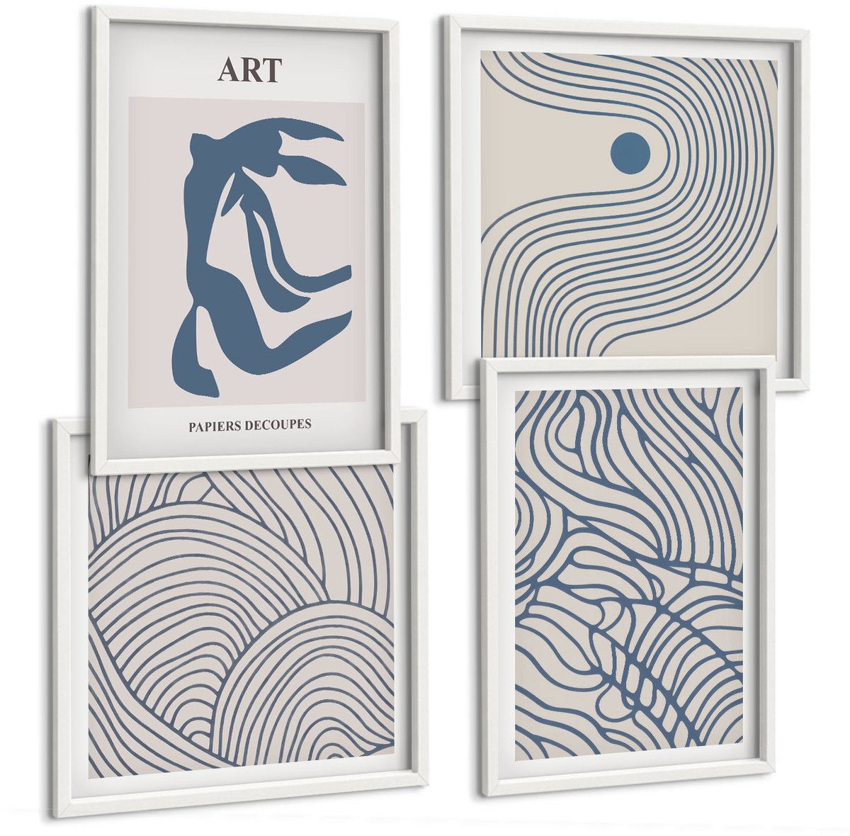 Wallfluent 4-Delige Schilderij Set - Abstracte Lijnen In Tinten Blauw En Beige. - 40 x 40 En 40 x 60 - Wanddecoratie - Woonkamer Decoratie