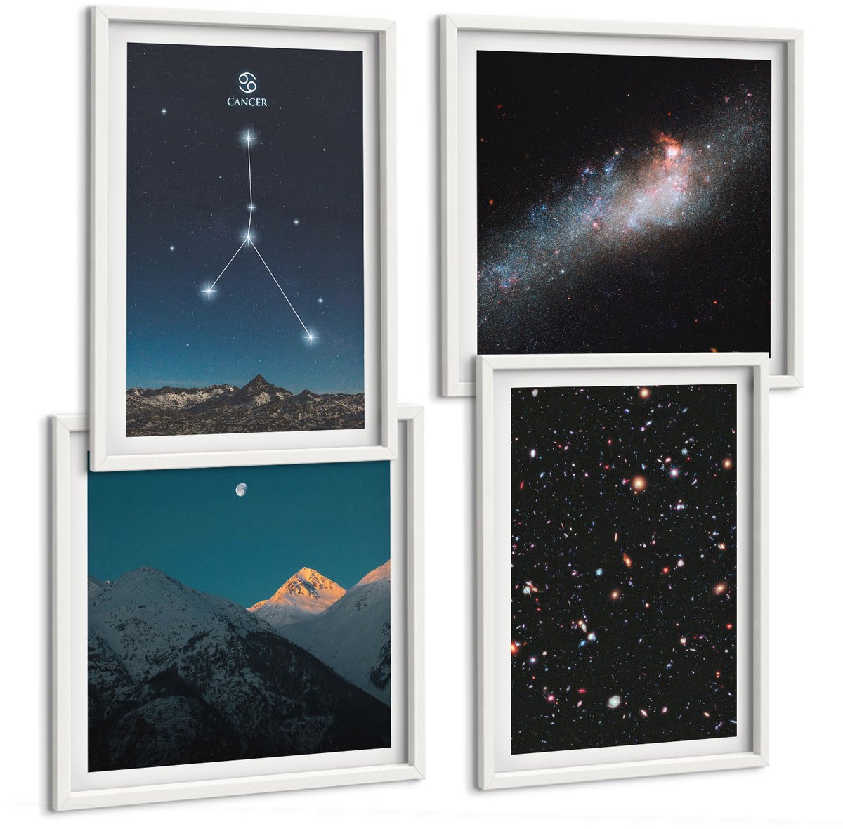 Wallfluent 4-Delige Schilderij Set - De Ruimte Met Het Sterrenbeeld Kreeft, De Melkweg En De Sterren. - 40 x 40 En 40 x 60 - Wanddecoratie - Schilderijen Set - Interieur - Woonkamer Decoratie