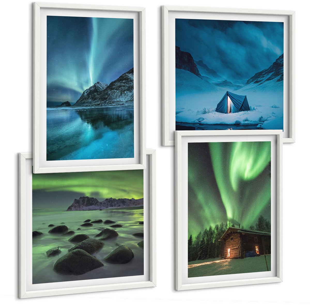 Wallfluent 4-Delige Schilderij Set - Winterlandschappen Met Het Noorderlicht Boven De Bergen - 40 x 40 En 40 x 60 - Stijlvolle Wanddecoratie - Interieur