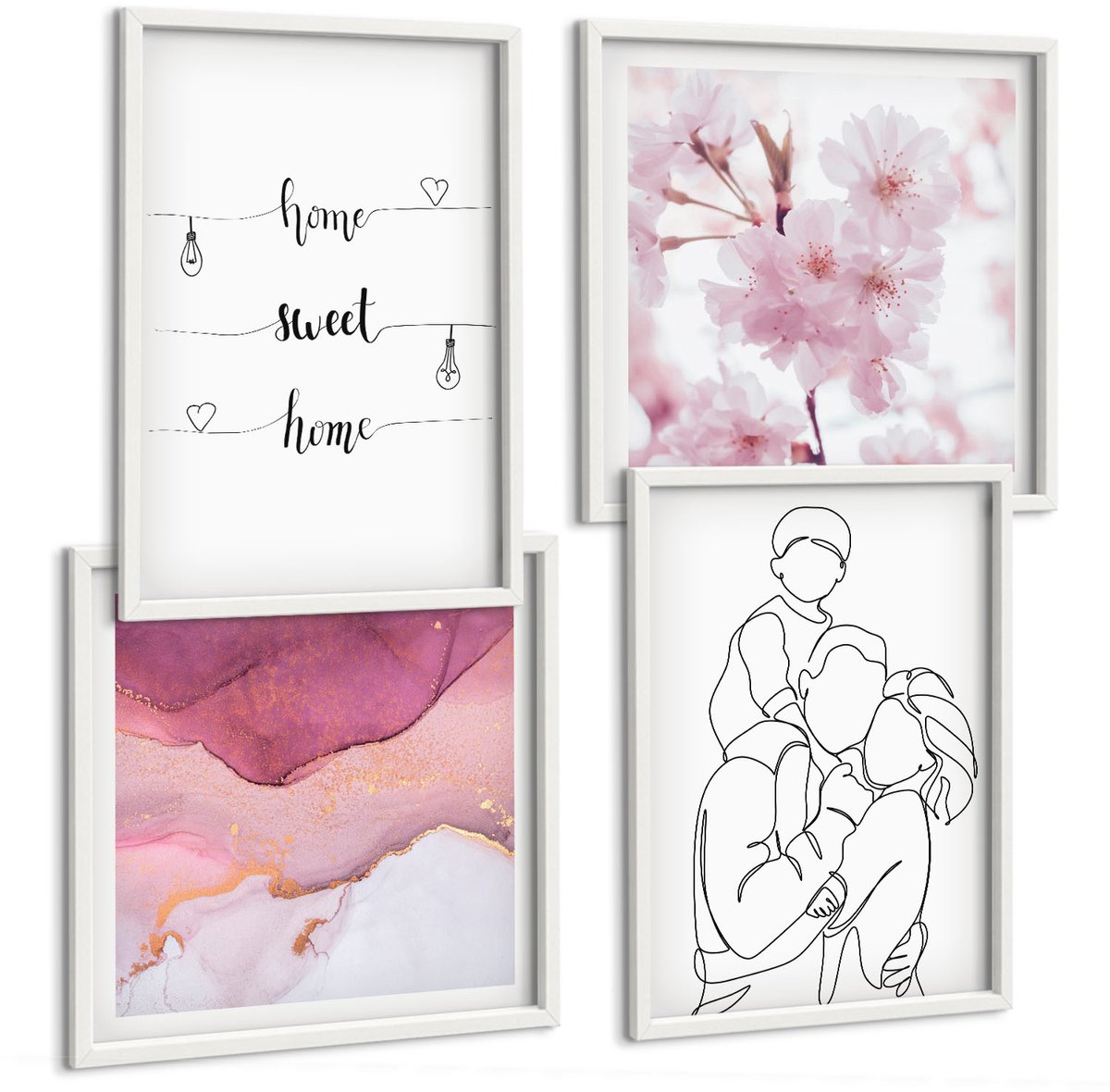 Wallfluent 4-Delige Schilderij Set - Bloemen En Familie In Minimalistisch Design. - 40 x 40 En 40 x 60 - Muurdecoratie - Schilderijen Set - Woonkamer - Stijlvolle Muurdecoratie