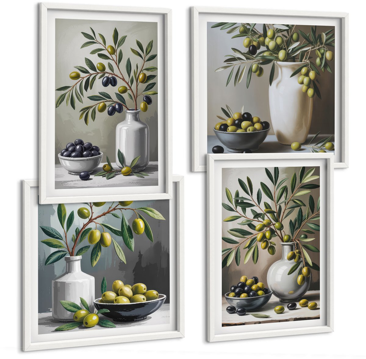 Wallfluent 4-Delige Schilderij Set - Olijven In Keramische Schalen Op Een Grijze Achtergrond - 40 x 40 En 40 x 60 - Wanddecoratie - Moderne Interieurdecoratie - Stijlvolle Muurdecoratie