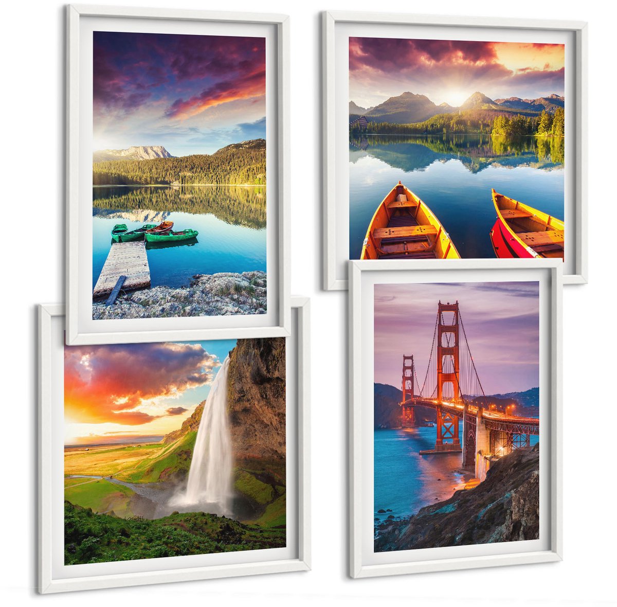 Wallfluent 4-Delige Schilderij Set - Uitzicht Op De Bergen Met Meren, Boten, Een Brug En Een Waterval. - 40 x 40 En 40 x 60 - Wanddecoratie - Woonkamer Decoratie