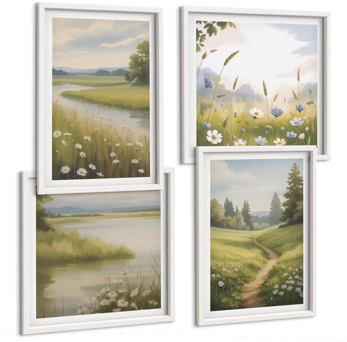 Wallfluent 4-Delige Schilderij Set - Lentelandschap Met Een Rivier, Pad En Bloemenweide - 40 x 40 En 40 x 60 - Decoratieve Schilderijen - Wanddecoratie - Hal