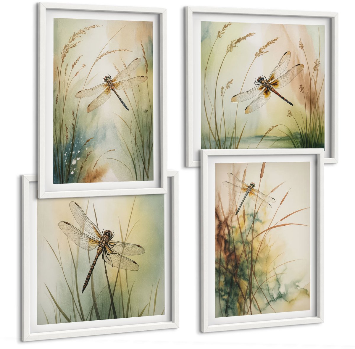 Wallfluent 4-Delige Schilderij Set - Geschilderd Gras Met Libellen Boven Het Water. - 40 x 40 En 40 x 60 - Muurdecoratie - Wanddecoratie - Hal - Woonkamer Decoratie