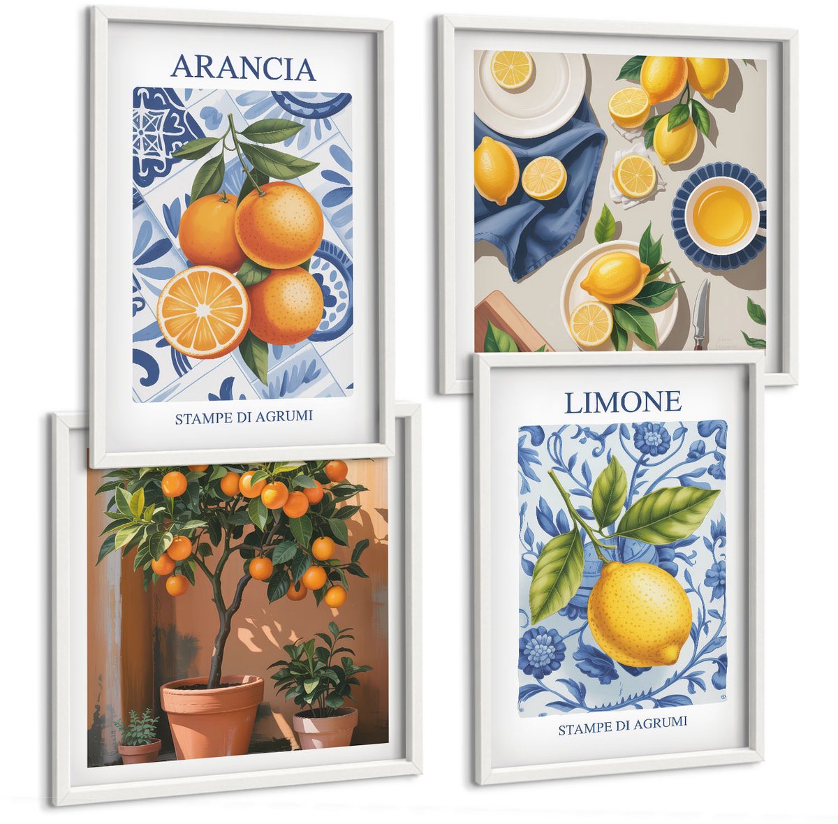 Wallfluent 4-Delige Schilderij Set - Vintage Illustraties Van Citrusvruchten - 40 x 40 En 40 x 60 - Decoratieve Schilderijen - Woonkamer - Interieur - Muurdecoratie