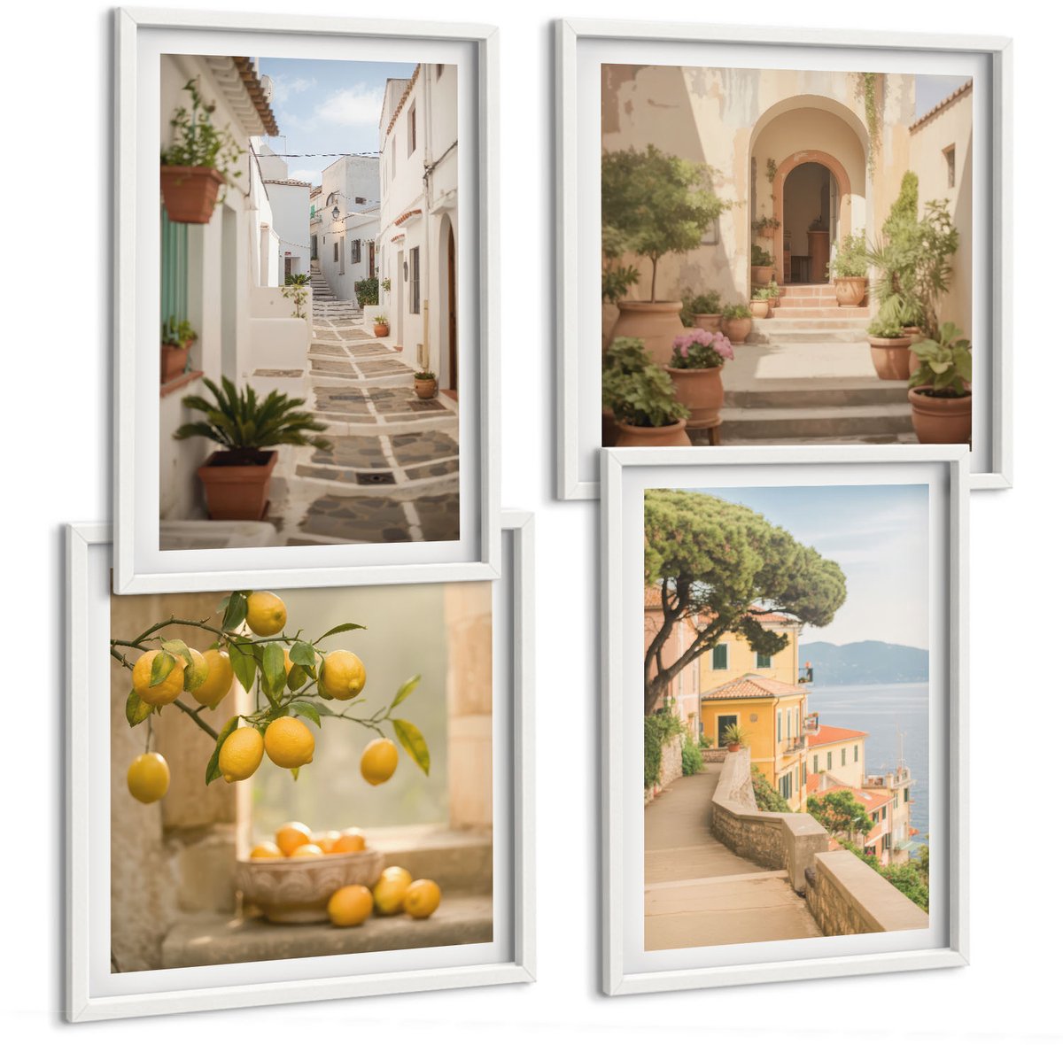 Wallfluent 4-Delige Schilderij Set - Uitzicht Op Citrusbomen Vanuit Het Raam En Architectuur Aan Zee. - 40 x 40 En 40 x 60 - Wanddecoratie - Schilderijen Set - Interieur - Stijlvolle Muurdecoratie