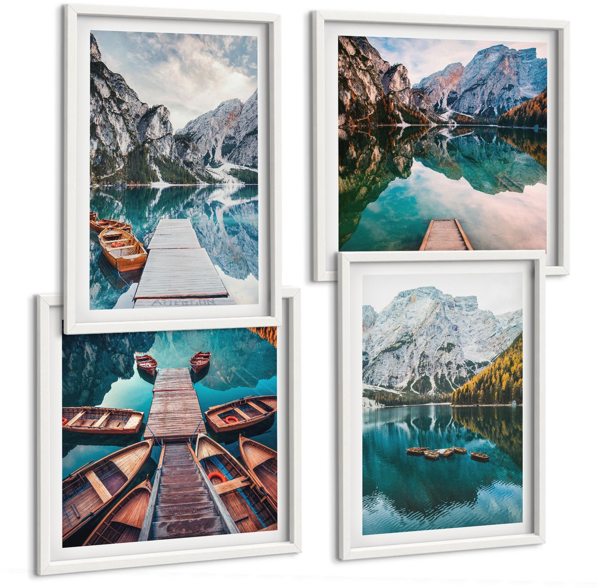 Wallfluent 4-Delige Schilderij Set - Meer Met Houten Steigers En Bergen - 40 x 40 En 40 x 60 - Decoratieve Schilderijen - Woonkamer - Interieur - Woonkamer Decoratie