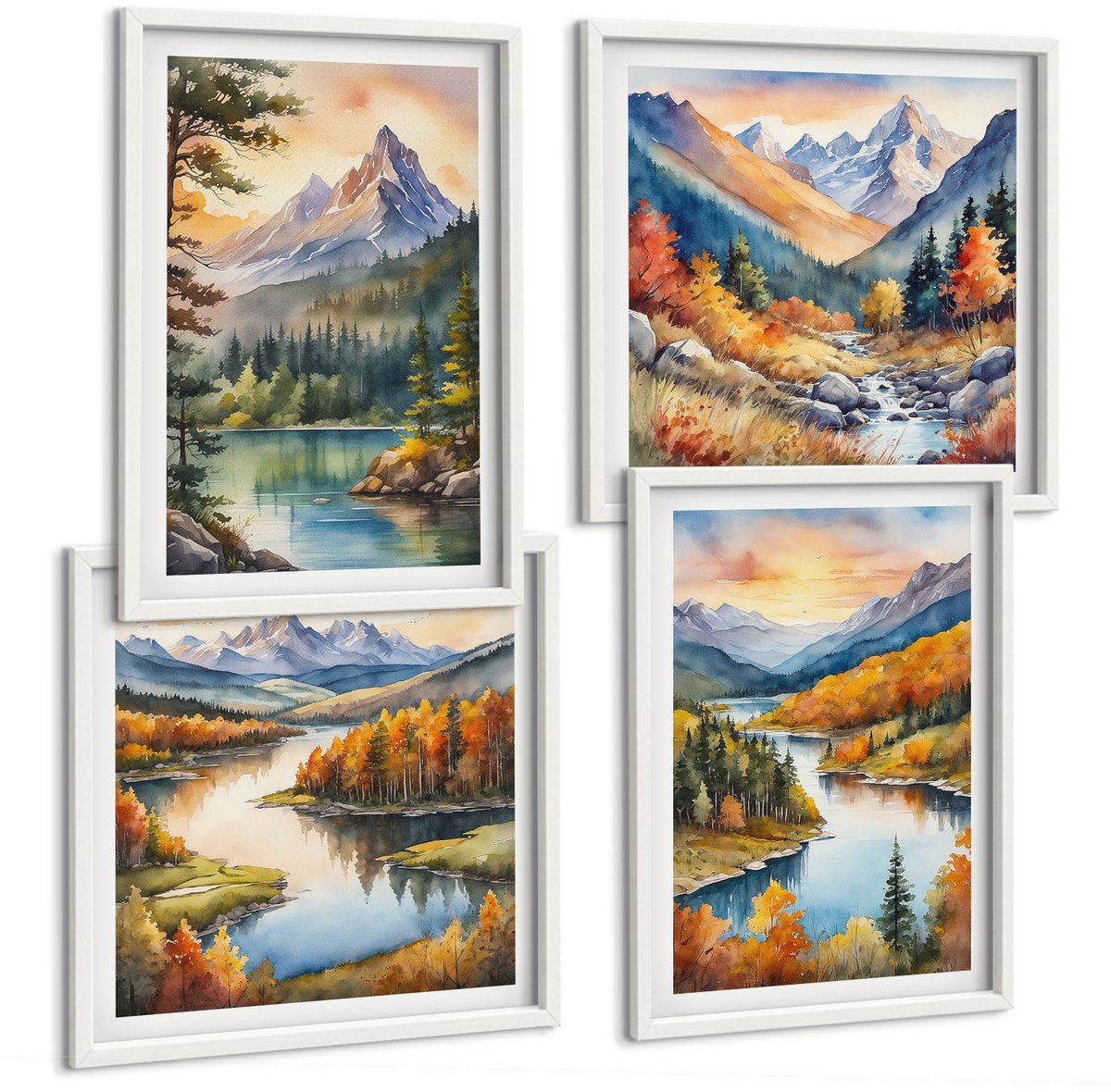 Wallfluent 4-Delige Schilderij Set - Berglandschappen Met Een Rivier En Kleurrijke Bomen - 40 x 40 En 40 x 60 - Stijlvolle Muurdecoratie - Slaapkamer