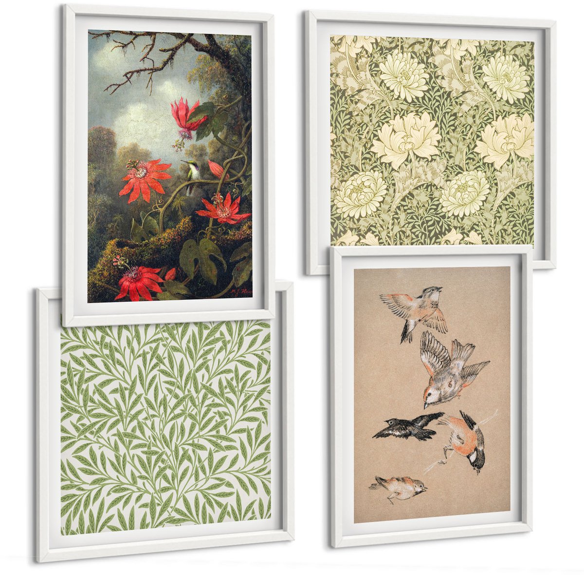 Wallfluent 4-Delige Schilderij Set - Bloemen En Vogels In Een Natuurlijke Omgeving - 40 x 40 En 40 x 60 - Moderne Wanddecoratie - Woonkamer