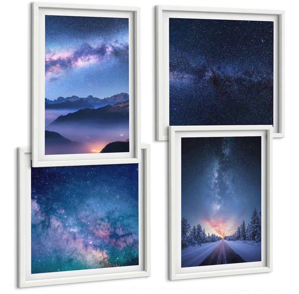 Wallfluent 4-Delige Schilderij Set - Nachtelijke Hemel, Bergen, Kloof, Ruimte En Winterlandschap - 40 x 40 En 40 x 60 - Moderne Wanddecoratie - Woonkamer