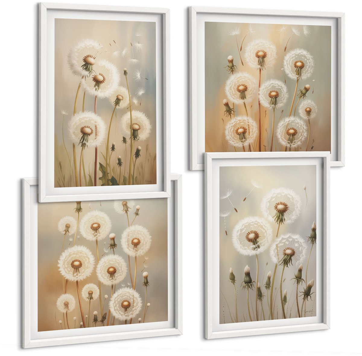 Wallfluent 4-Delige Schilderij Set - Witte Paardenbloemen Op Een Achtergrond Van Lichte Kleuren. - 40 x 40 En 40 x 60 - Moderne Wanddecoratie - Woonkamer