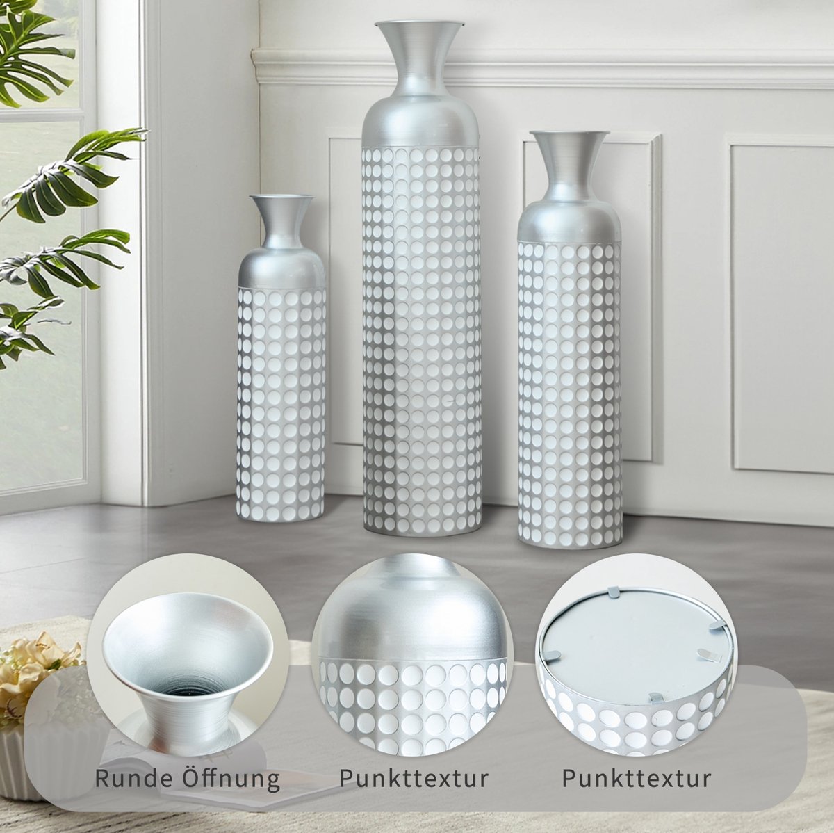 MODFU - Vaas - Vloervaas - Modern - Puntpatroon - Zilver - 84 Cm