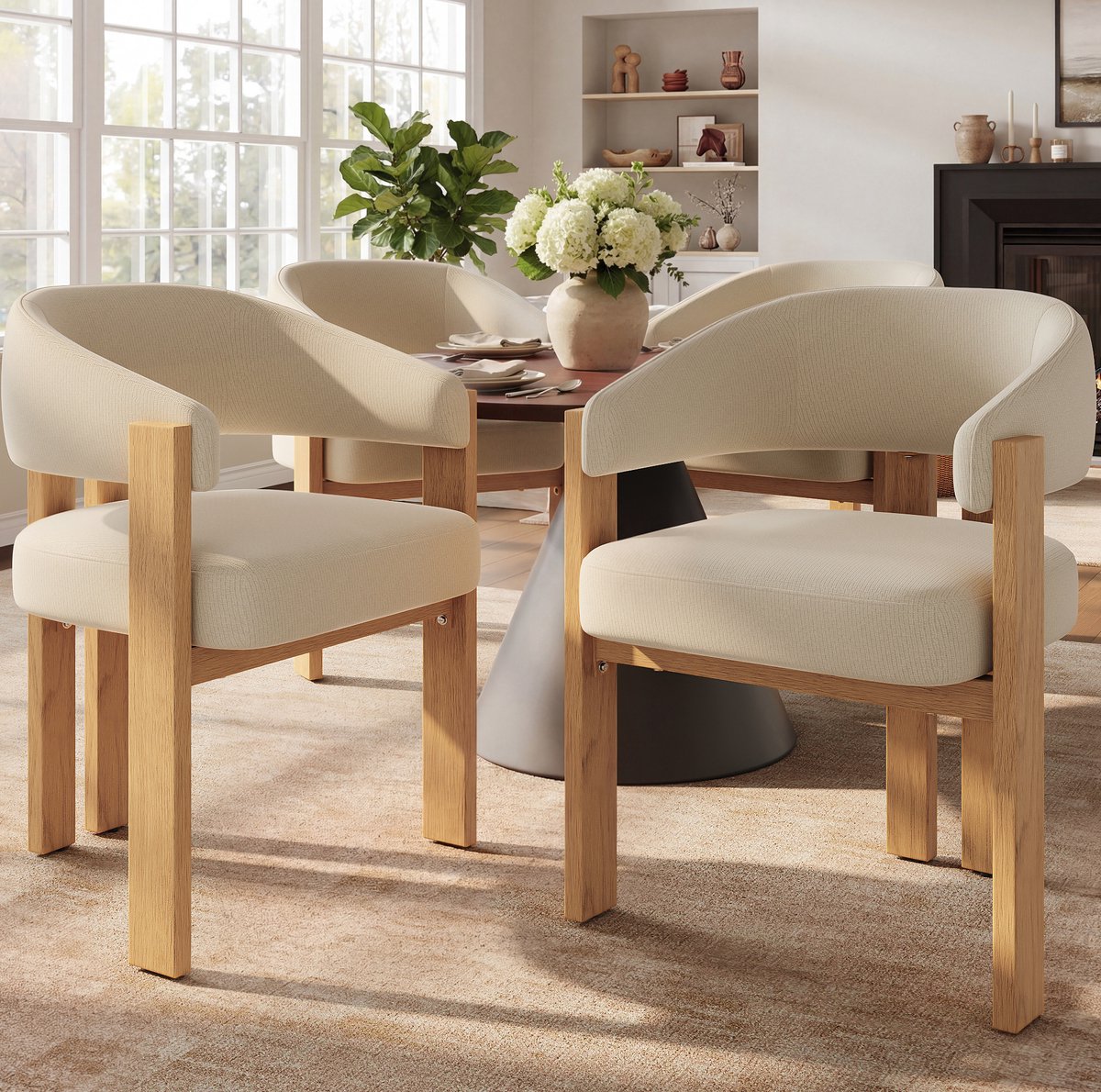 REDOM - Eetkamerstoel - Ergonomische kuipstoel met armleuningen - Dikke bekleding - Metalen onderstel met houtlook - Woonkamer en eetkamer - Stof - Beige - 49 x 47 x 78 cm