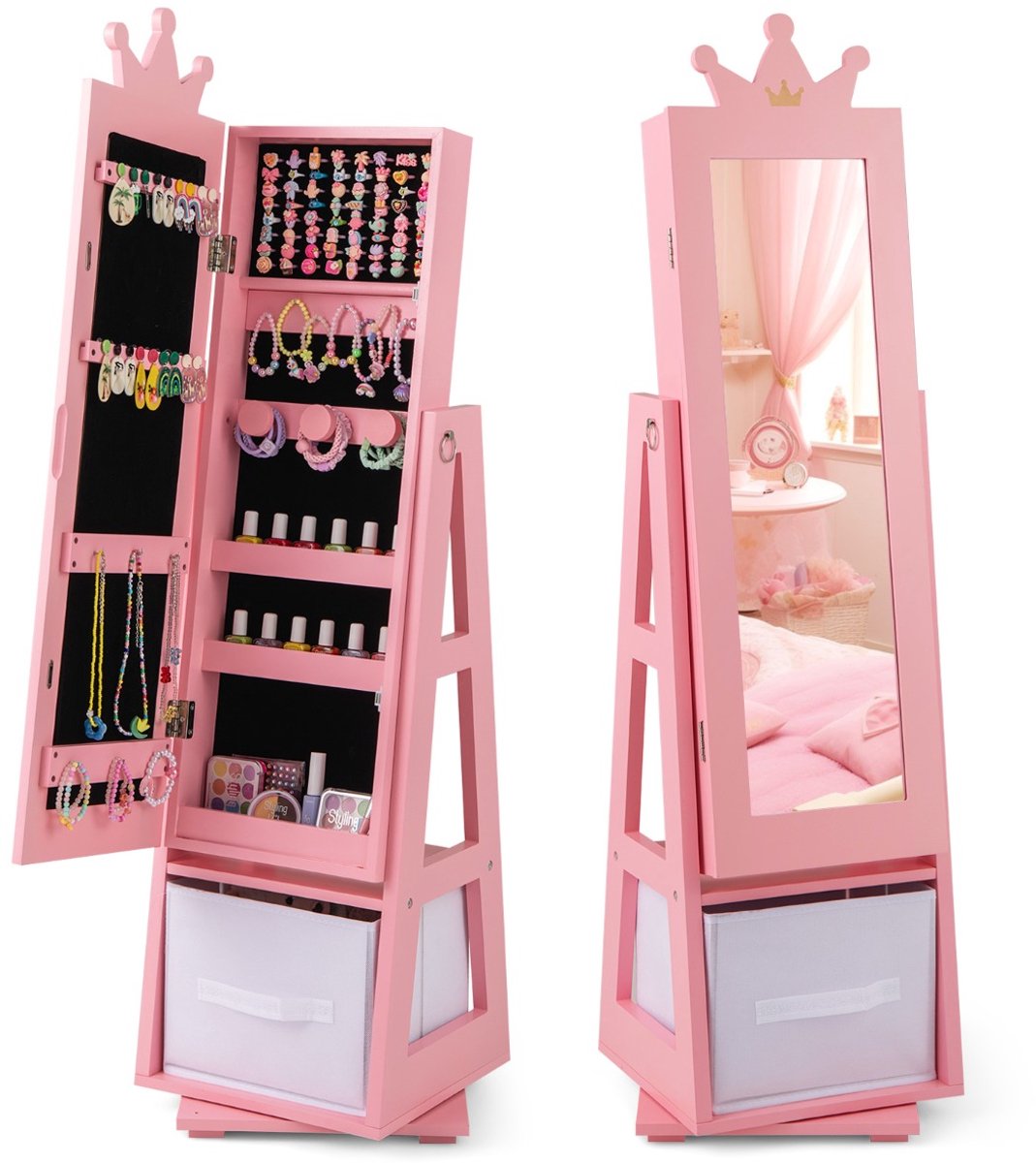 SureDeal® - Kaptafel - Juwelenkastje - Kinderen Vrijstaande Spiegel - Grote Opslagcapaciteit - Draaivoet Ijdelheidspiegel - 31,5x30x122 cm - Roze