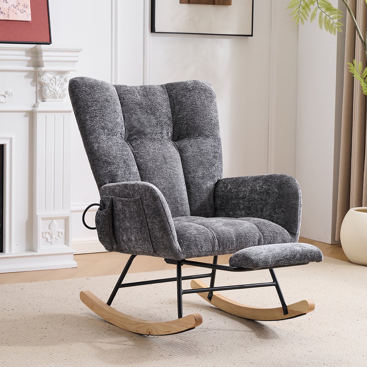 Comfortabele Schommelstoel met Lendenondersteuning - Verstelbare Opblaasbare Lendensteun - Ergonomisch Design - Verborgen Voetensteun - Diepe Chenille Relaxfauteuil