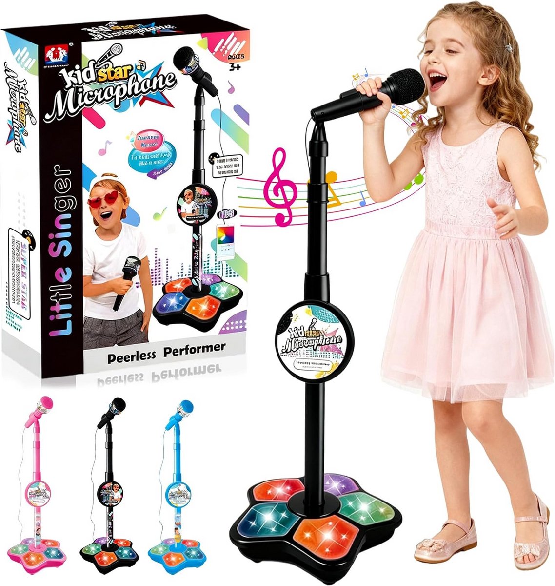 VONKELIOS®Speelgoedmicrofoon - Zwart - Microfoon op statief - Karaoke-machine voor kinderen - In hoogte verstelbaar - Met verlichting - Speelgoed Feest Microfoon - Cadeau - Geschikt Voor Jongens en Meisjes