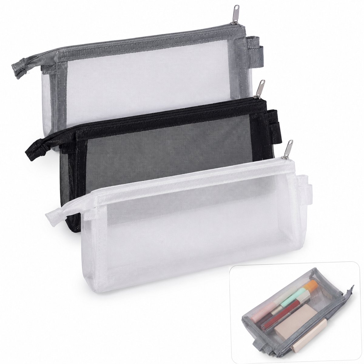 VHV - Transparante Mesh Etui Set - 3 Stuck - 18x4x11 cm -Waterdicht Pennenzak- Draagbaar Pencil case - Voor School Examen, Kantoor